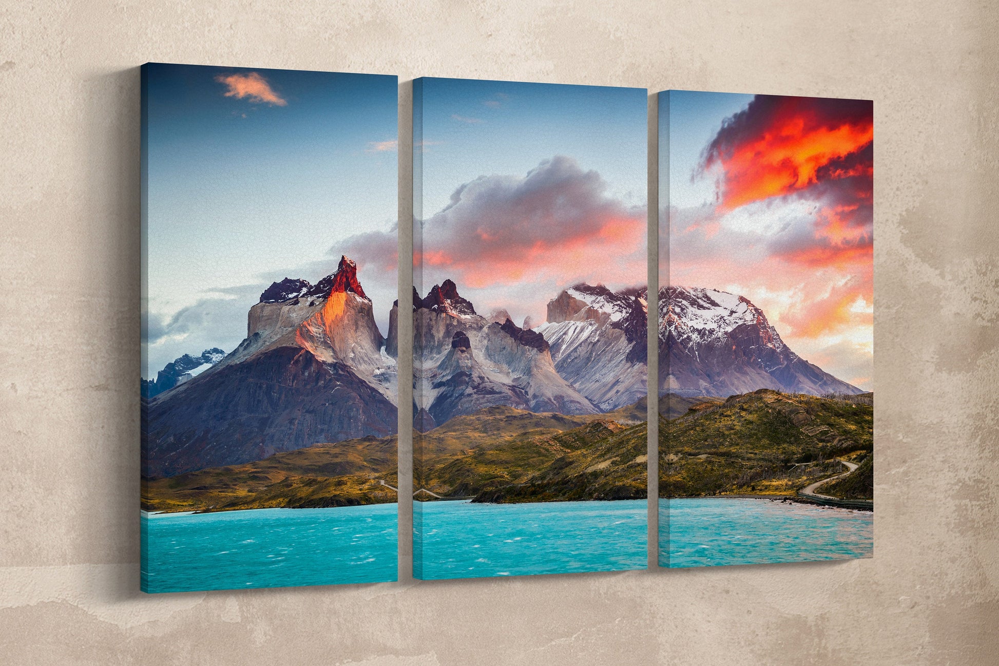 Torres del Paine, Patagonia, Chile Wall Art Canvas Eco Leather Print Triptych Beige Wall