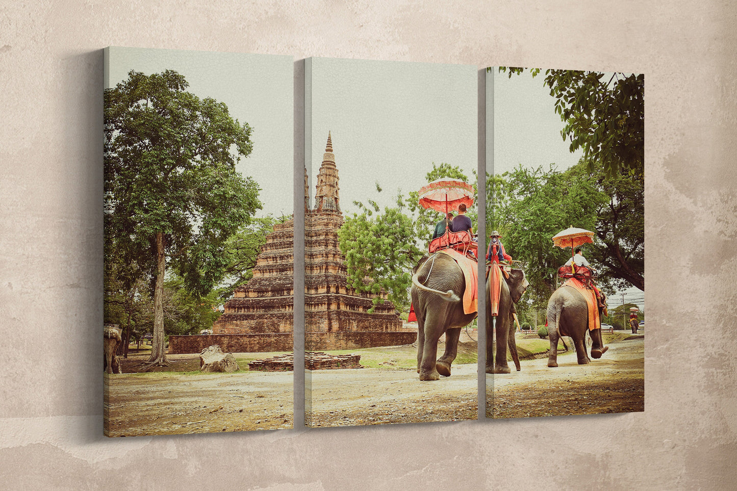 Ayutthaya, Thailand Walking with Elephants Canvas Eco Leather Print, Made in Italy!