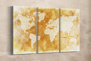 3 Panel Rustic World Map Framed Canvas Leather Print