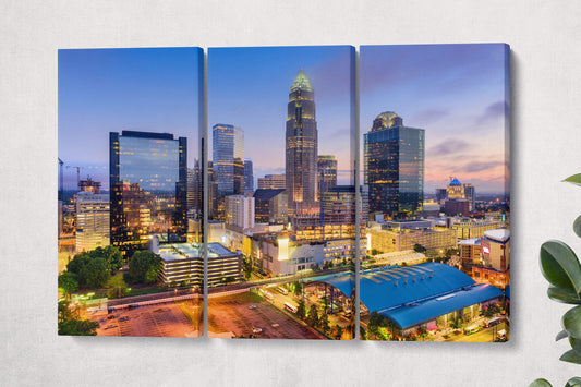 Charlotte, North Carolina, USA at Twilight Framed Canvas Leather Print
