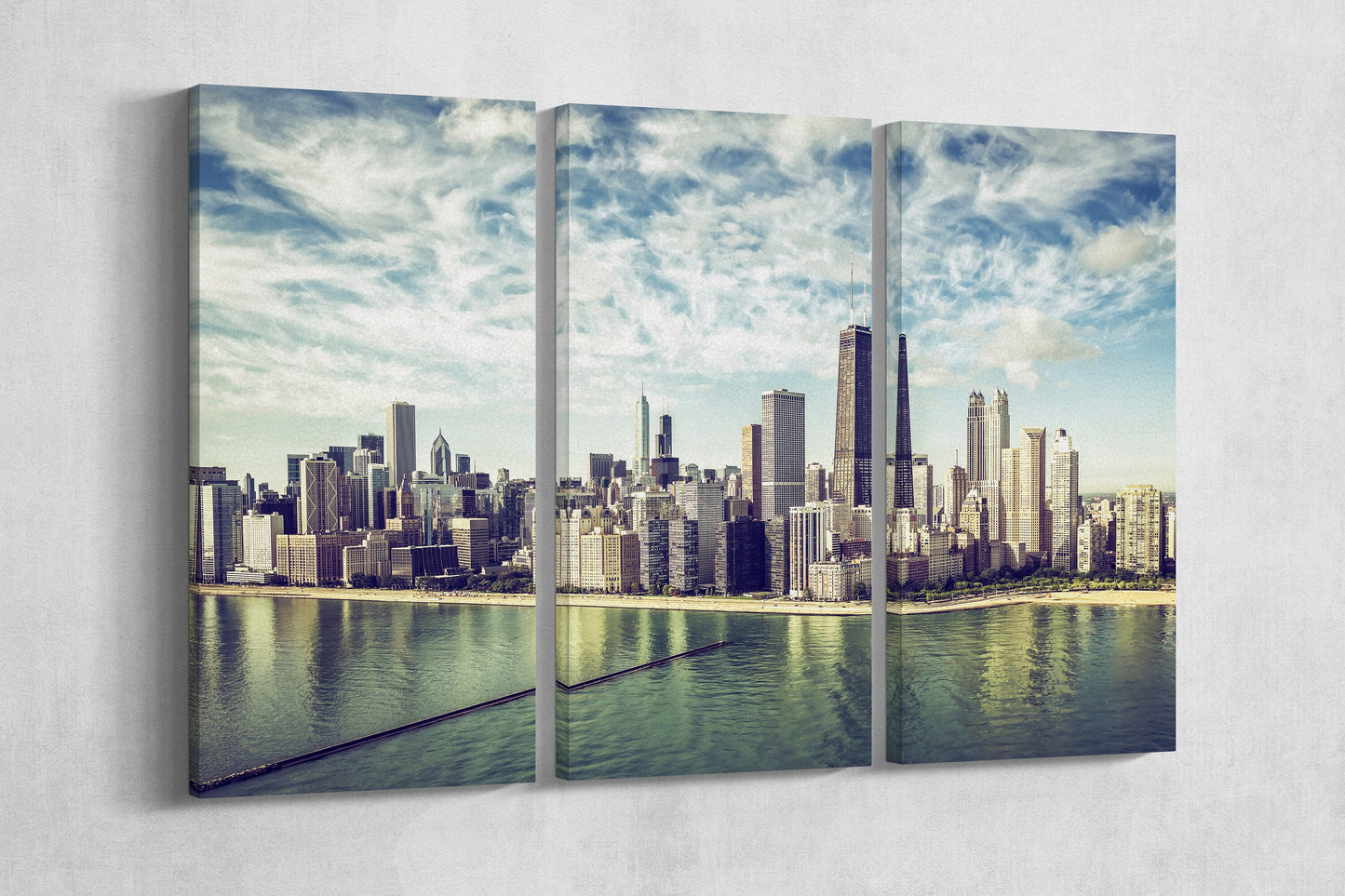Chicago Skyline Vintage Aerial PETA Approved Faux Leather Wall Art