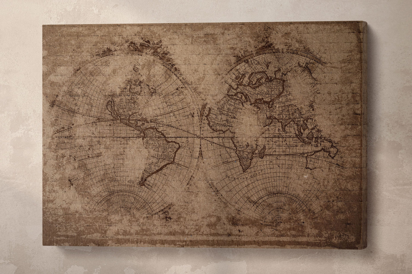 Old Brown World Map in Hemispheres Framed Canvas Leather Print