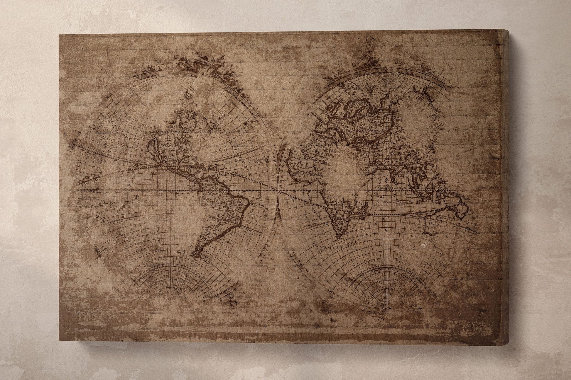 Old Brown World Map in Hemispheres Framed Canvas Leather Print