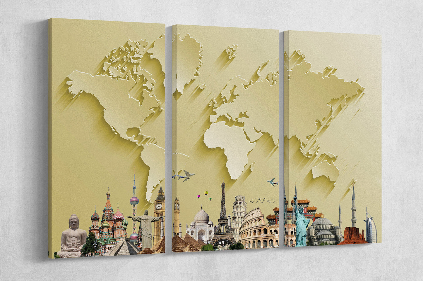 Gold World Map With Monuments Framed Canvas Leather Print
