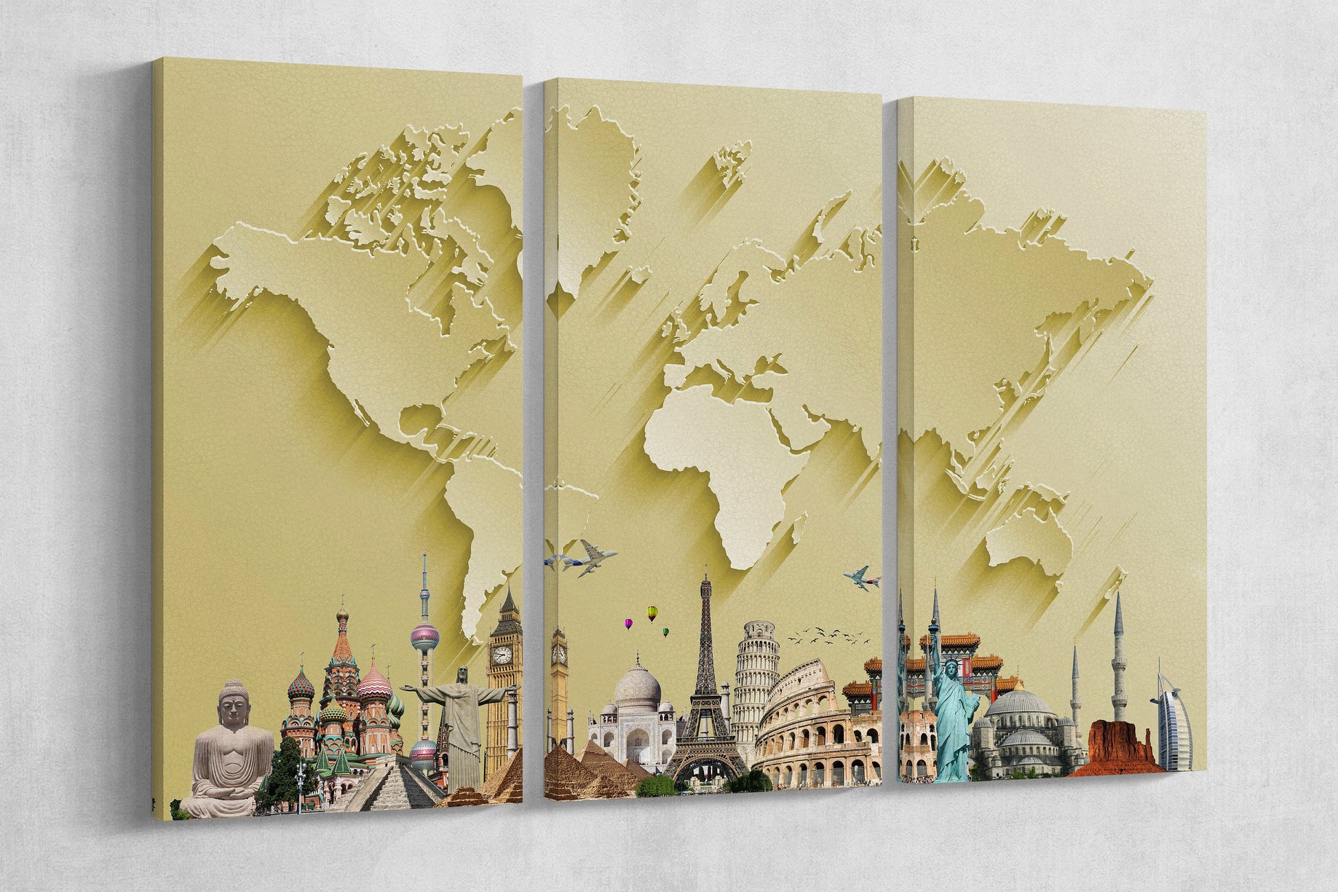 Gold World Map With Monuments Framed Canvas Leather Print