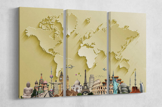 Gold World Map With Monuments Framed Canvas Leather Print