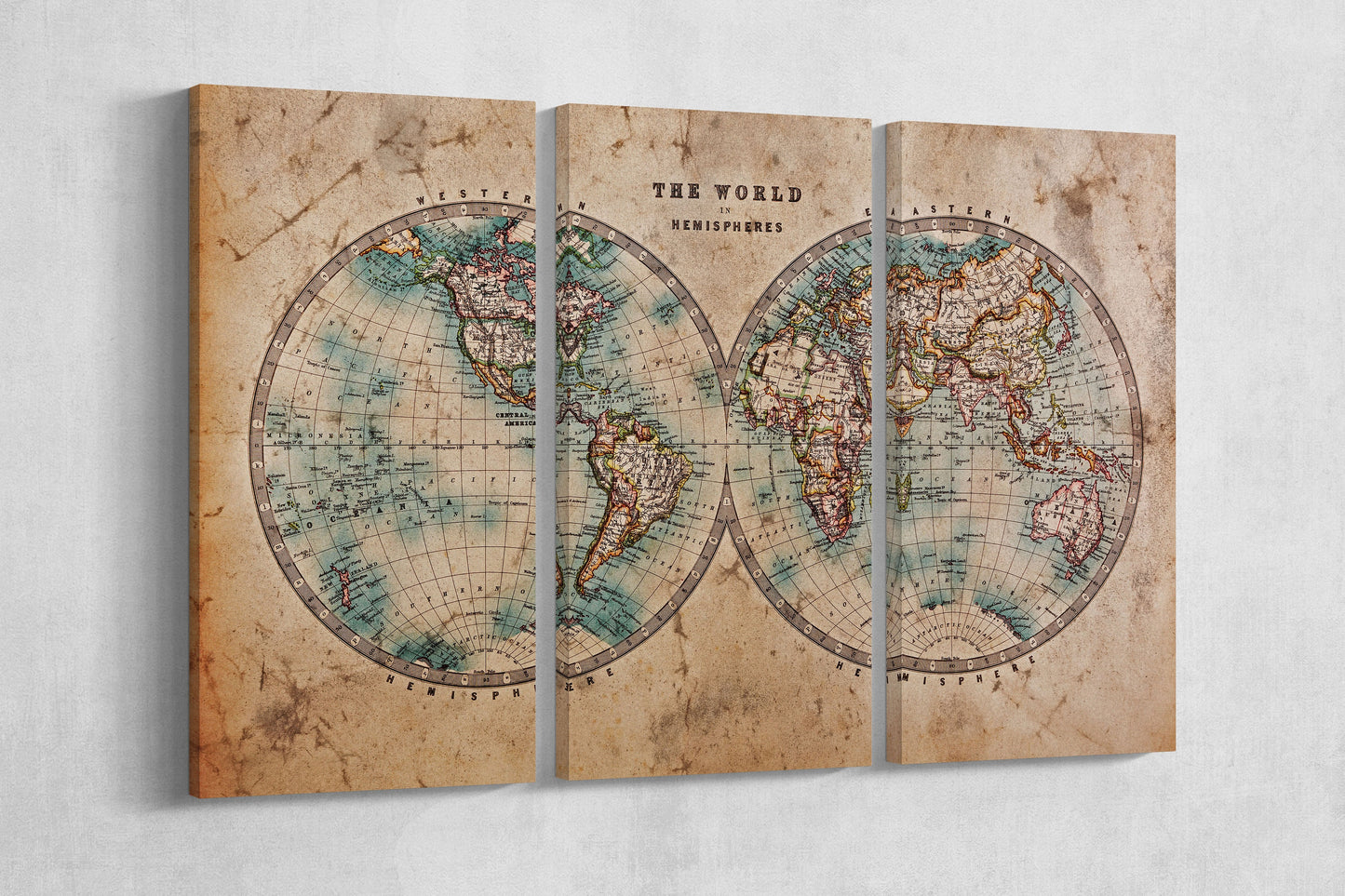 Large World Map World in Hemispheres Canvas Eco Leather Print
