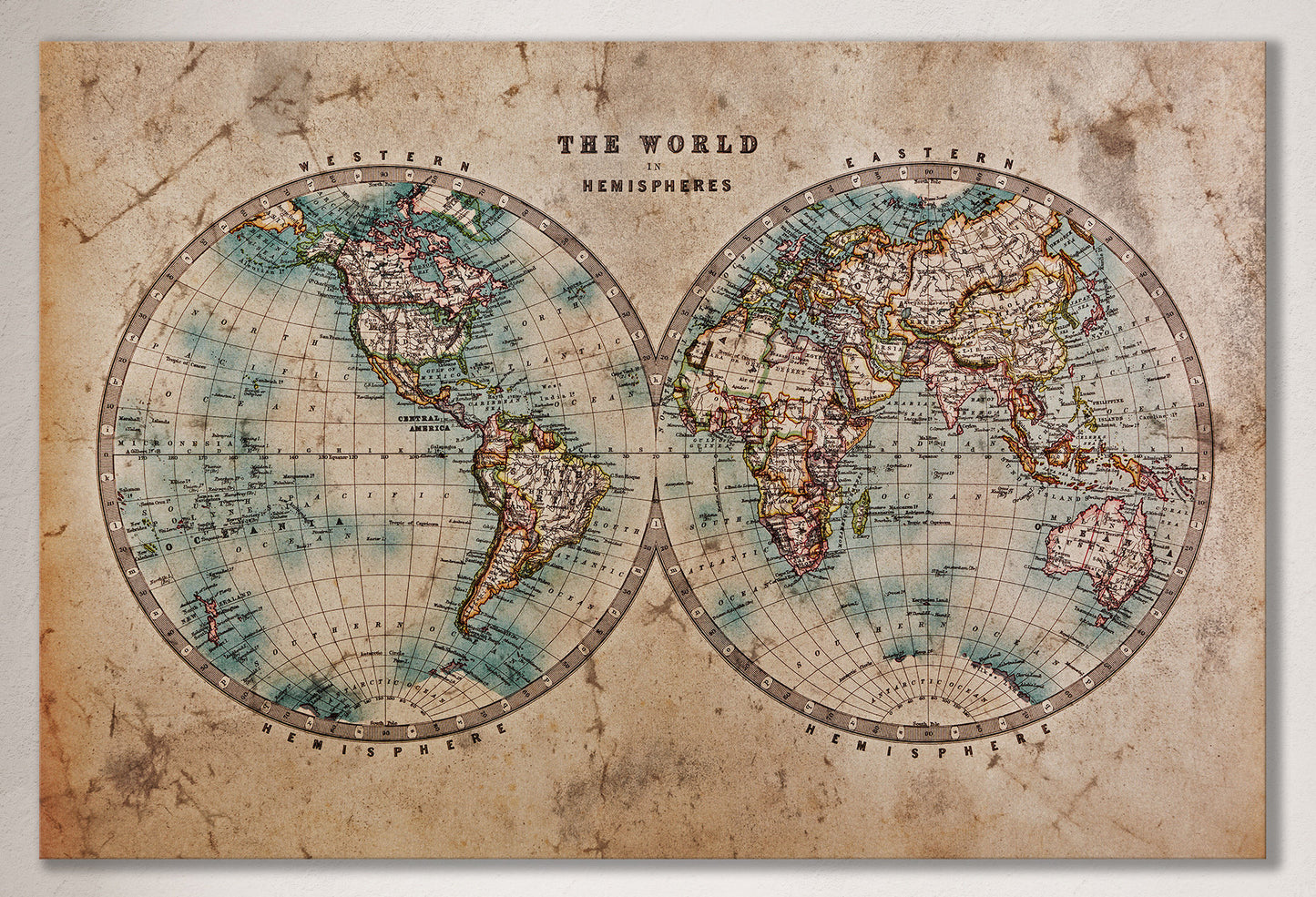 Large World Map World in Hemispheres Canvas Eco Leather Print