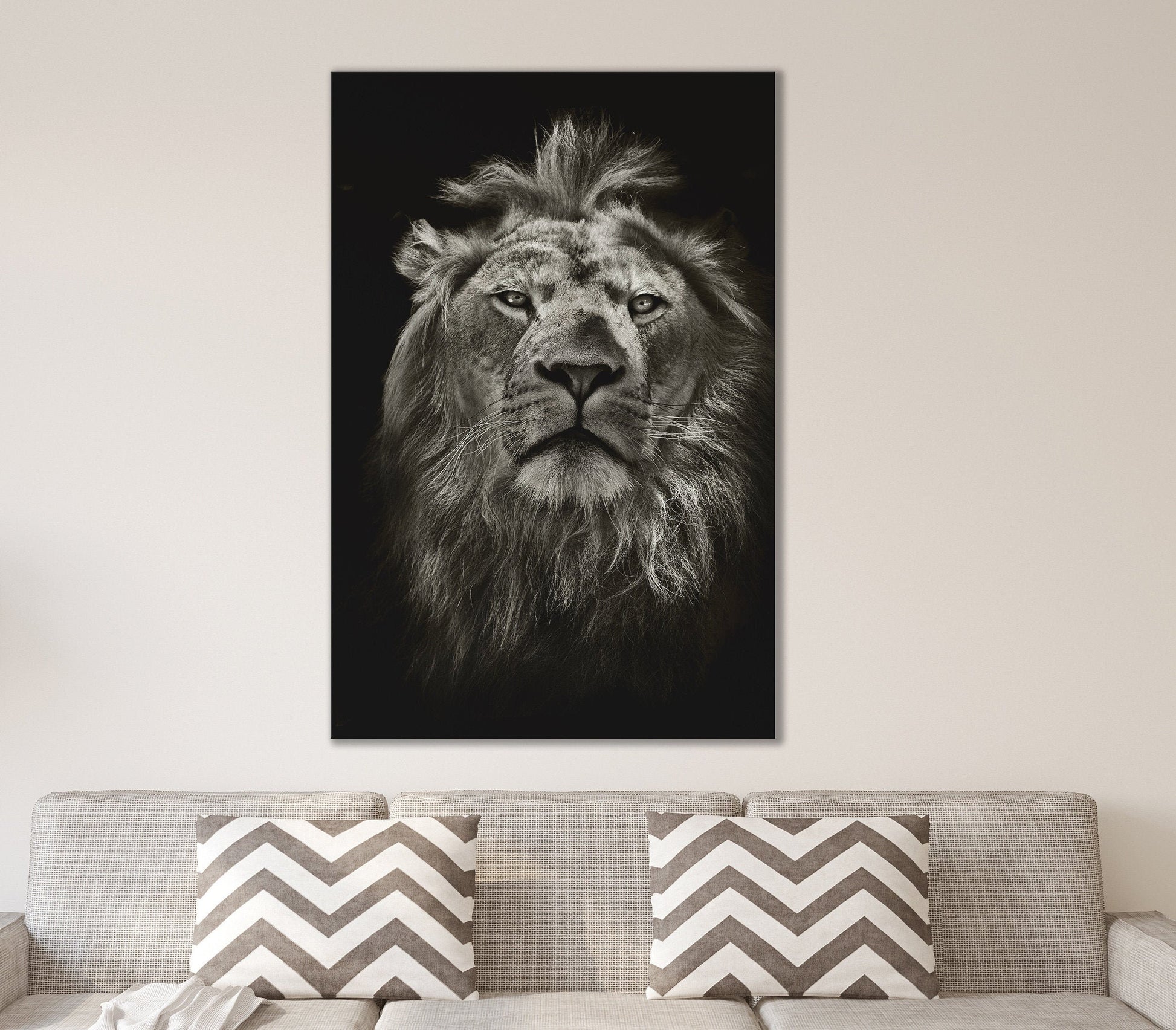 Lion Black&White Framed Canvas Eco Leather Print, Made in Italy!