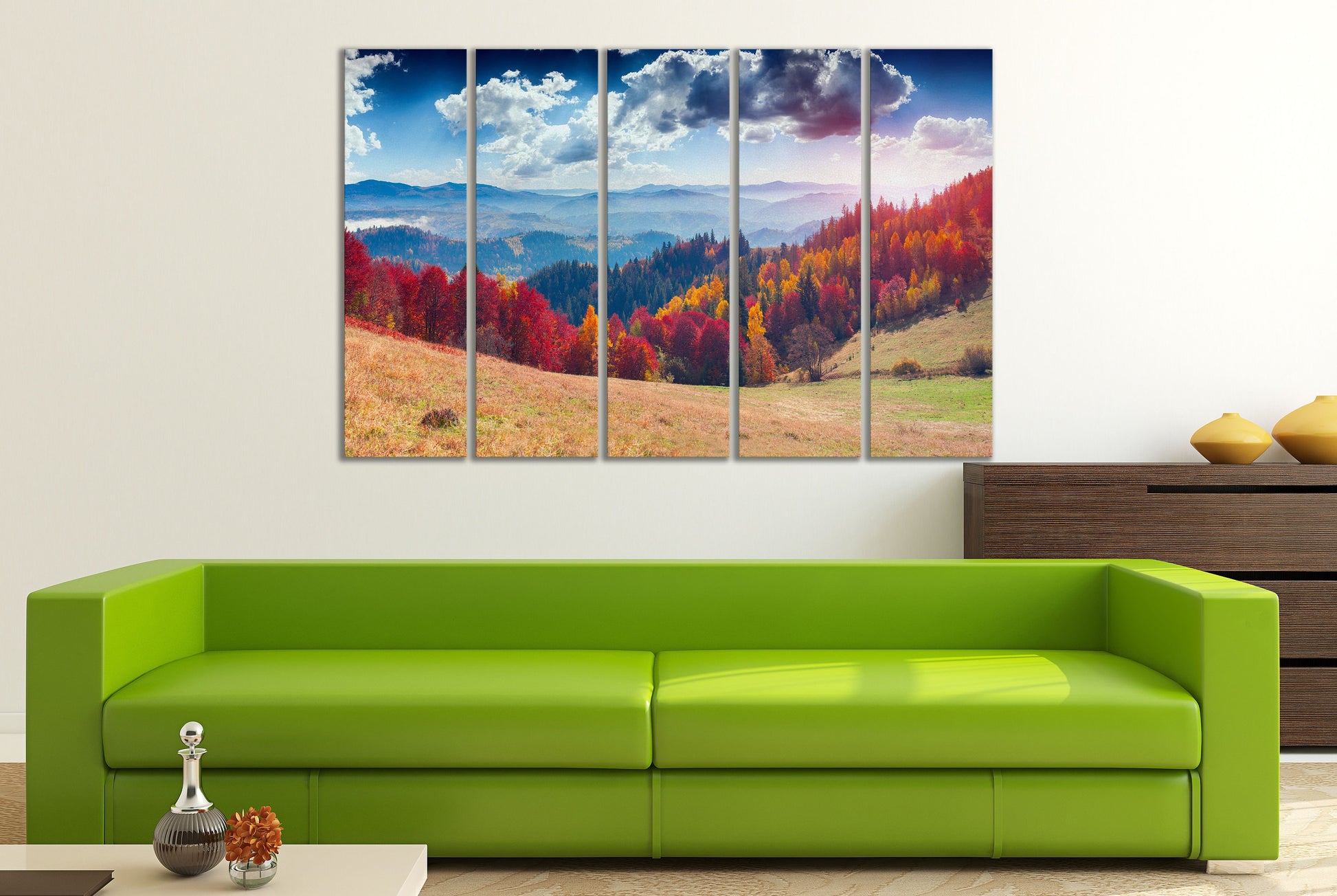 Autumn Mountain Framed Wall Art Vegan Leather Canvas Print Ready to Hang