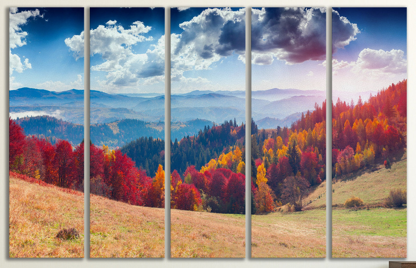Autumn Mountain Framed Wall Art Vegan Leather Canvas Print Ready to Hang