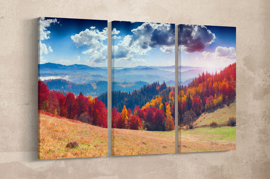Autumn Mountain Framed Wall Art Vegan Leather Canvas Print Ready to Hang
