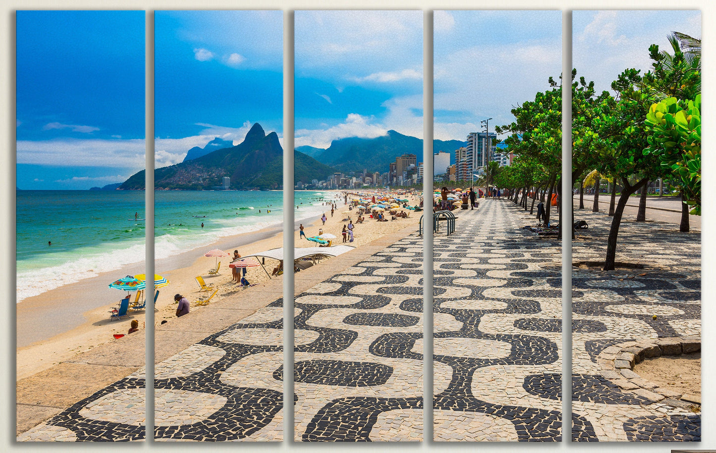 Ipanema beach with mosaic of sidewalk in Rio de Janeiro framed canvas leather print