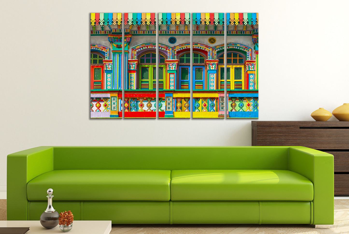 Colorful houses in Little India, Singapore framed canvas leather print