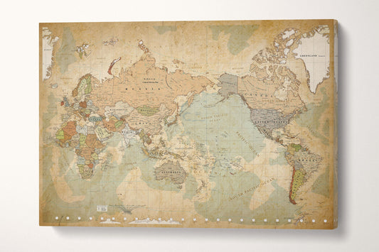 Push Pin Map of the World Africa on Left Framed Canvas Leather Print