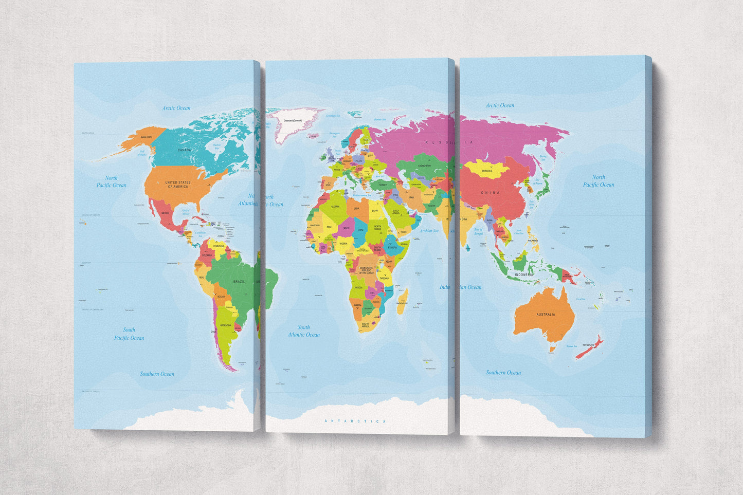 Push Pin Large Detailed World Map Leather Print Triptych Grey Wall