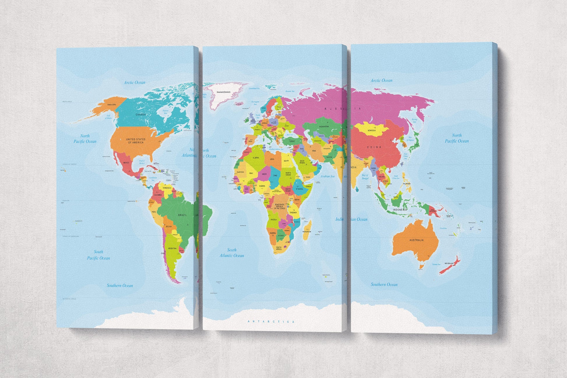 Push Pin Large Detailed World Map Leather Print Triptych Grey Wall