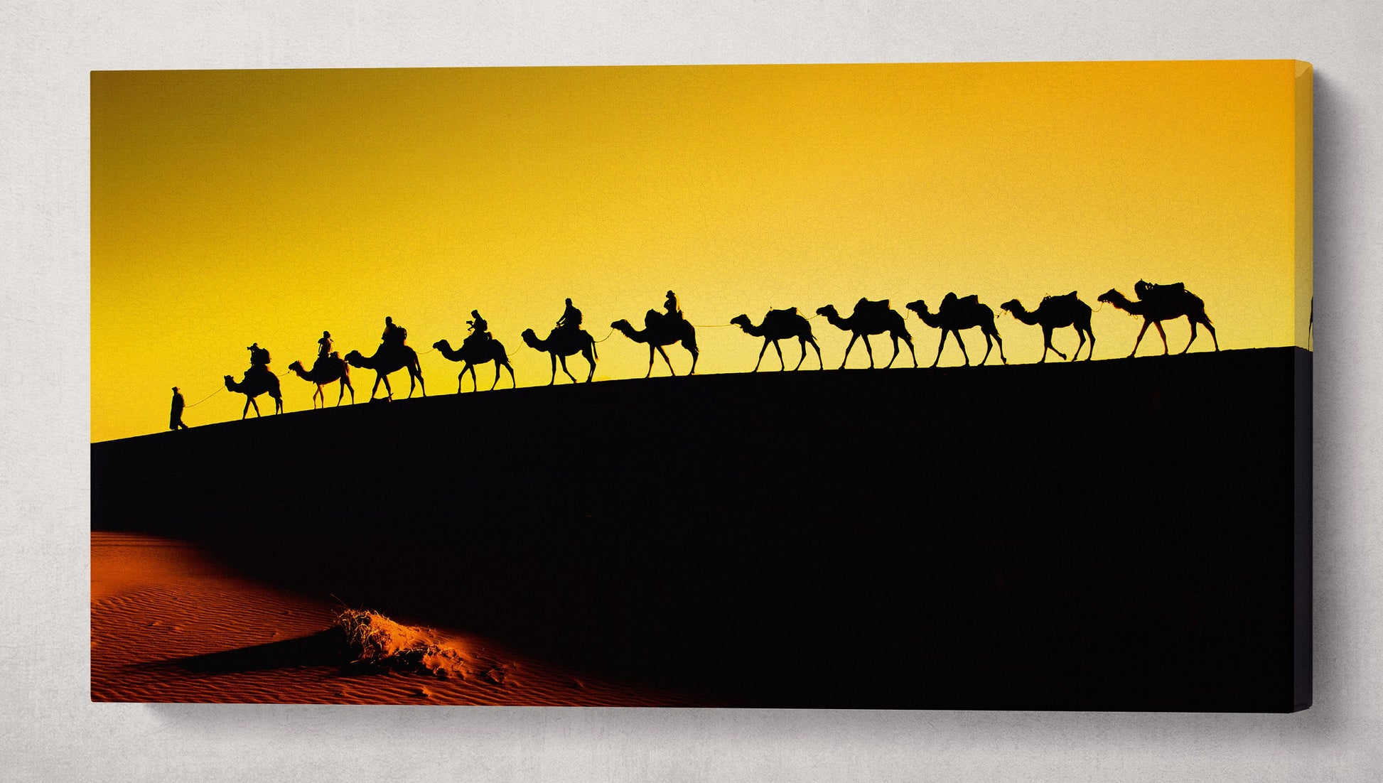 Sahara Desert, Camel Caravan Framed Canvas Leather Print