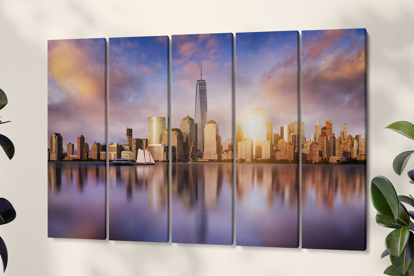 New York City Skyline with One World Trade Center framed canvas leather print