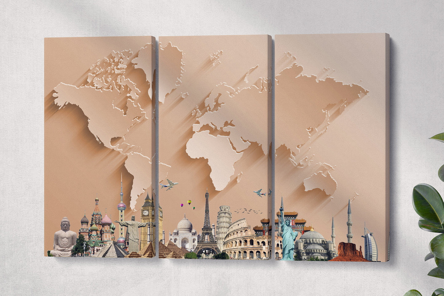 Bronze World Map With Monuments Framed Canvas Leather Print