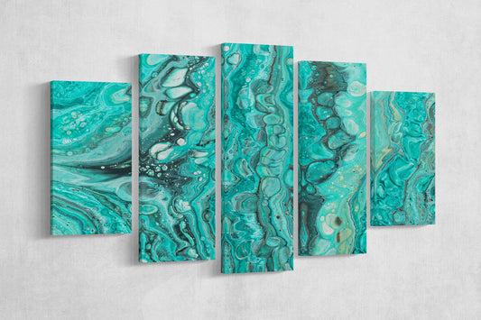 Marble-like green and blue pattern framed canvas artwork print