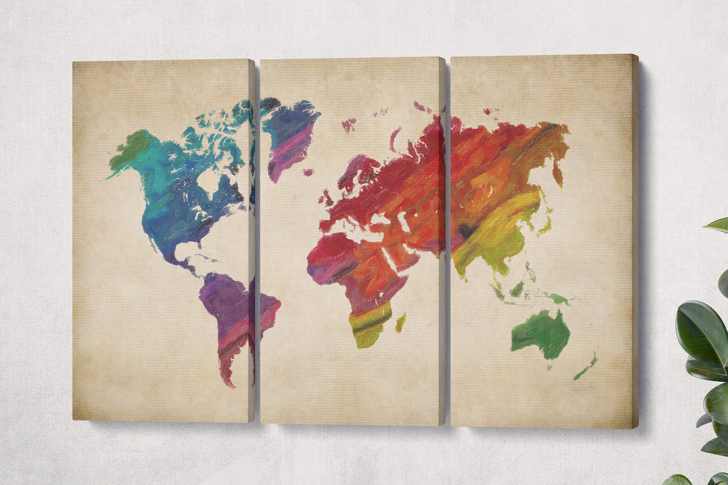 Rainbow World Map on beige background framed canvas leather print
