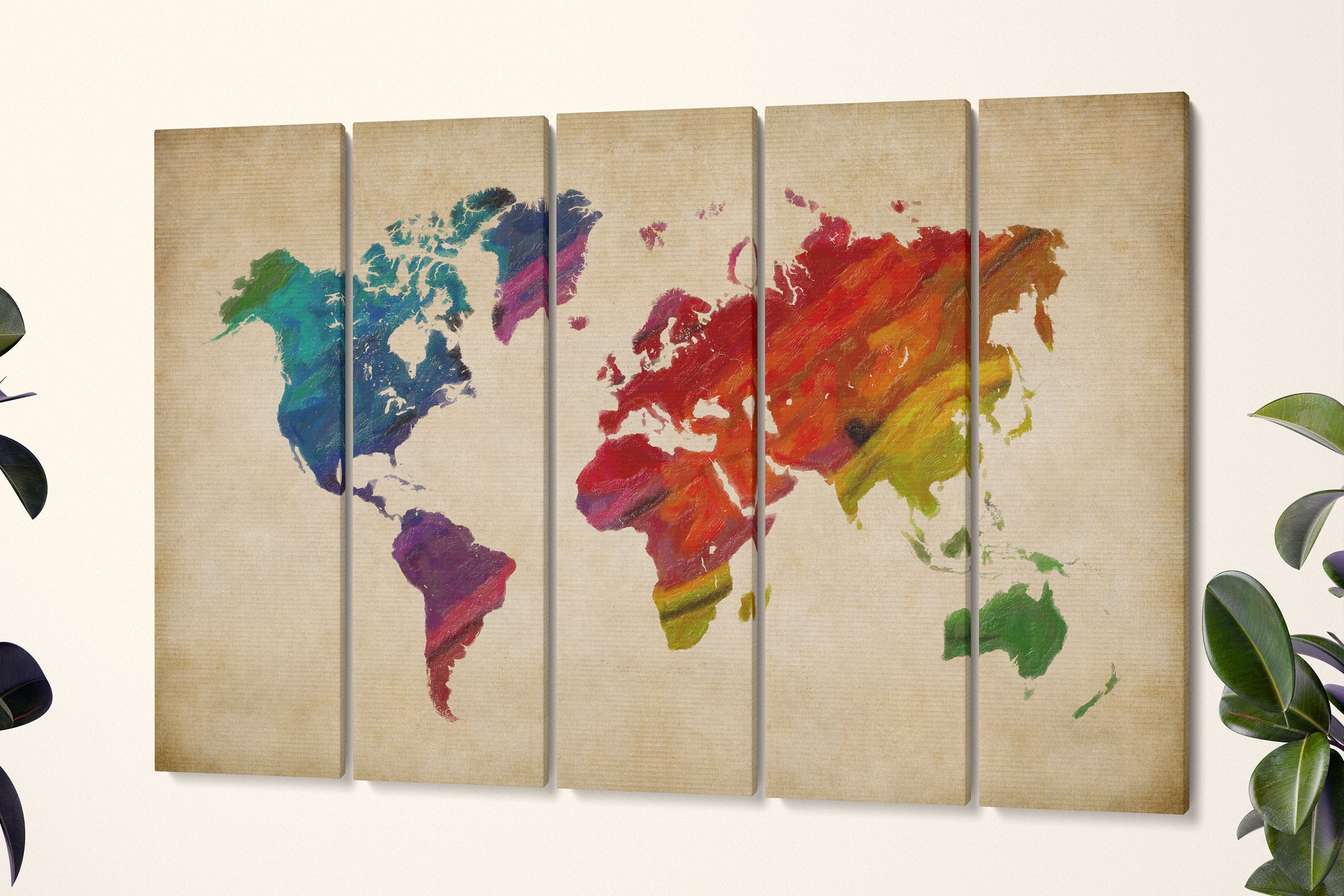 Rainbow World Map on beige background framed canvas leather print