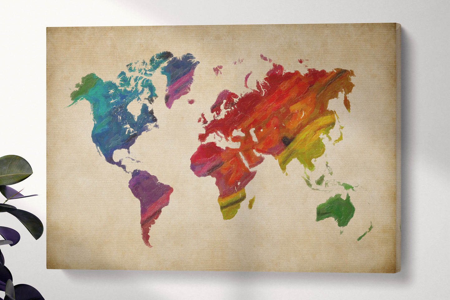 Rainbow World Map on beige background framed canvas leather print