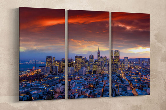 San Francisco Downtown View at Sunset Framed Canvas Leather Print