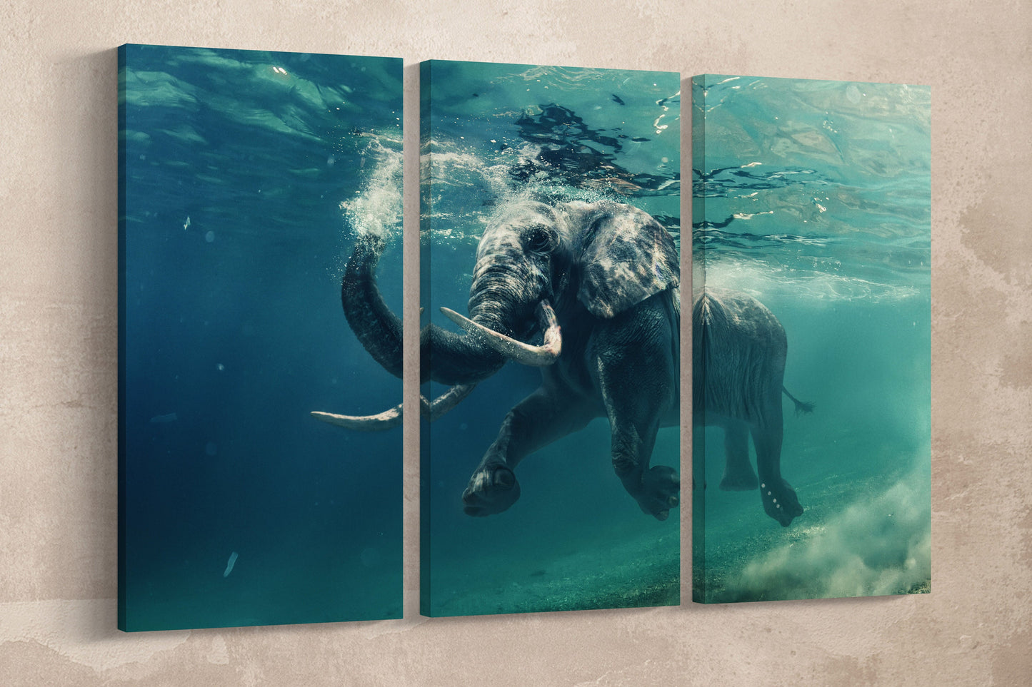 Elephant Swimming Under Water Framed Canvas Leather Print