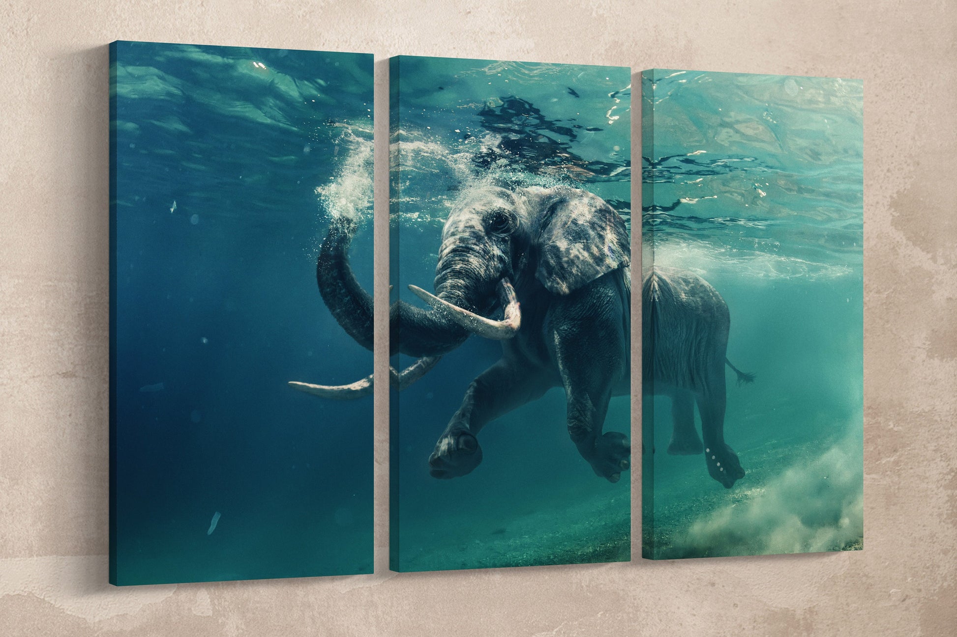 Elephant Swimming Under Water Framed Canvas Leather Print