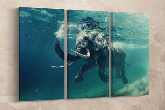 Elephant Swimming Under Water Framed Canvas Leather Print