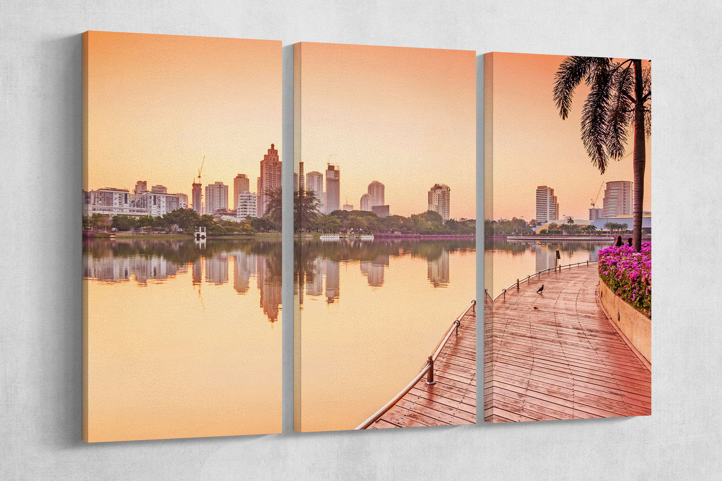 Bangkok Building at sunrise, Benjakiti Park ,Thailand Framed Canvas Leather Print