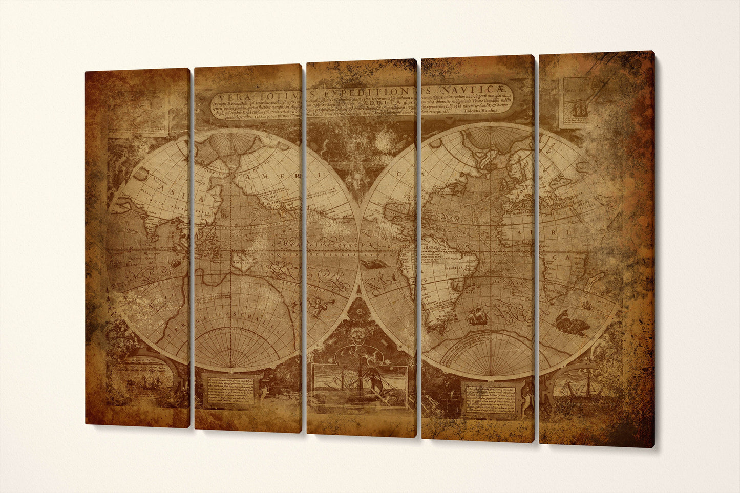 Vintage Old World Map in Hemispheres Canvas Leather Print