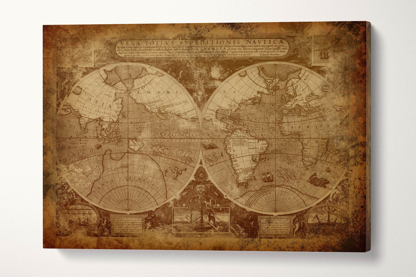 Vintage Old World Map in Hemispheres Canvas Leather Print