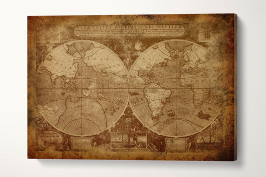 Vintage Old World Map in Hemispheres Canvas Leather Print