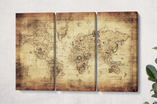 Beige/Brown Ancient World Map Framed Canvas Eco Leather Print, Made in Italy!