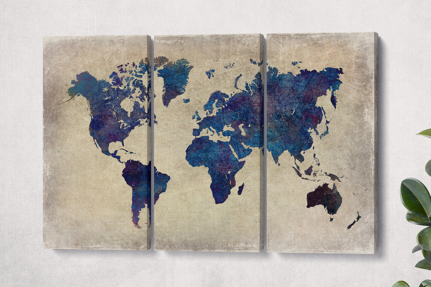 Blue World Map Grunge Background Framed Canvas Leather Print