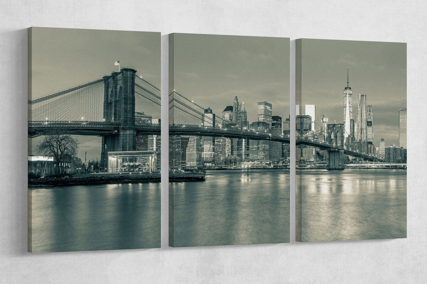 Brooklyn Bridge Black and White Framed Canvas Leather Print