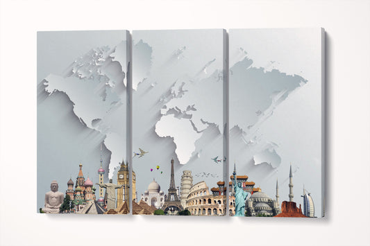 Silver World Map With Monuments Framed Canvas Leather Print