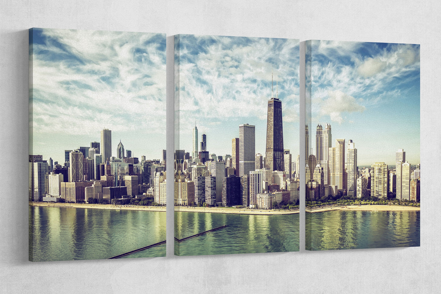 Chicago Skyline Aerial View by The Beach Framed Canvas Eco Leather Print, Made in Italy!