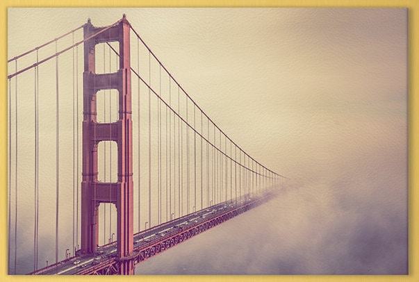 Golden Gate Foggy Day Framed Canvas Leather Print