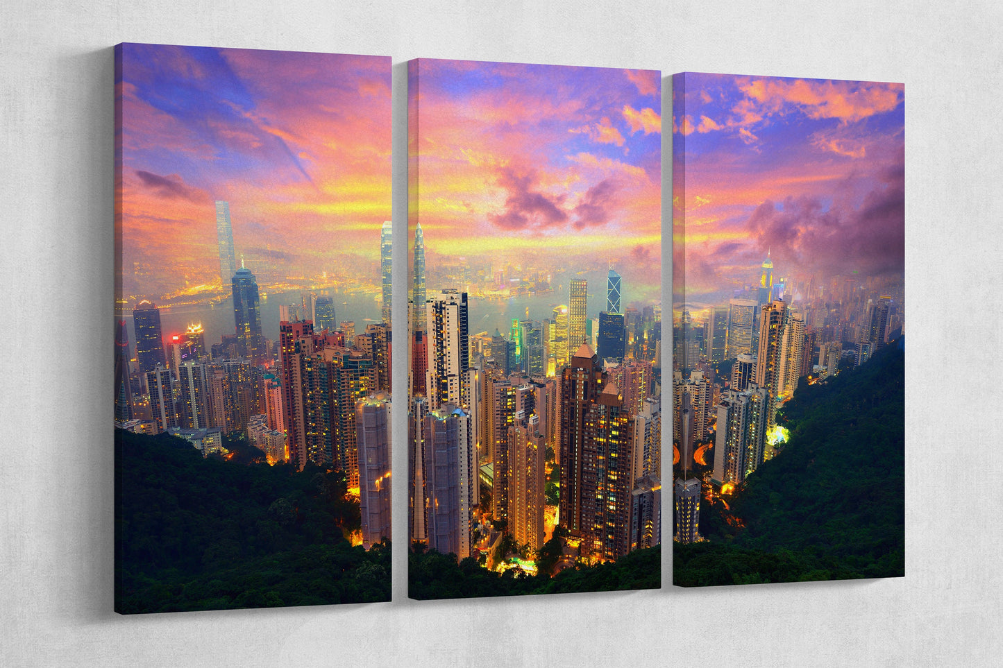 Electric Hong Kong Skyline PETA Approved Faux Leather Canvas Wall Art