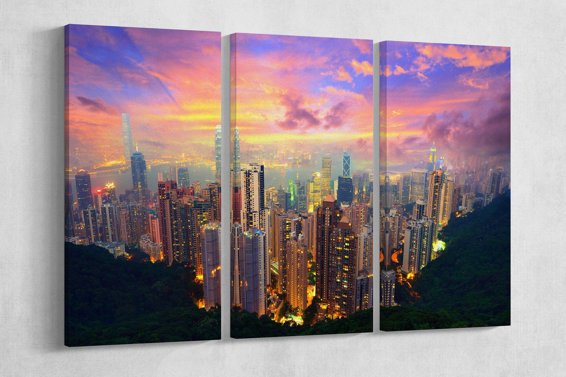 Electric Hong Kong Skyline PETA Approved Faux Leather Canvas Wall Art