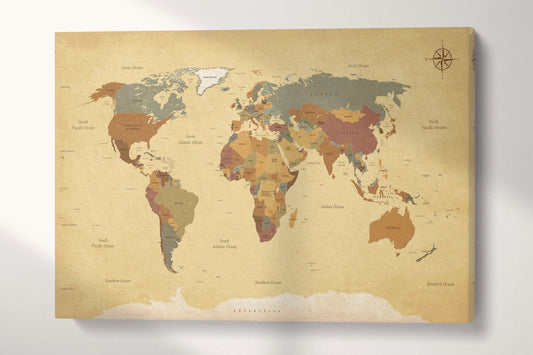 Push Pin Vintage Political World Map Leather Print