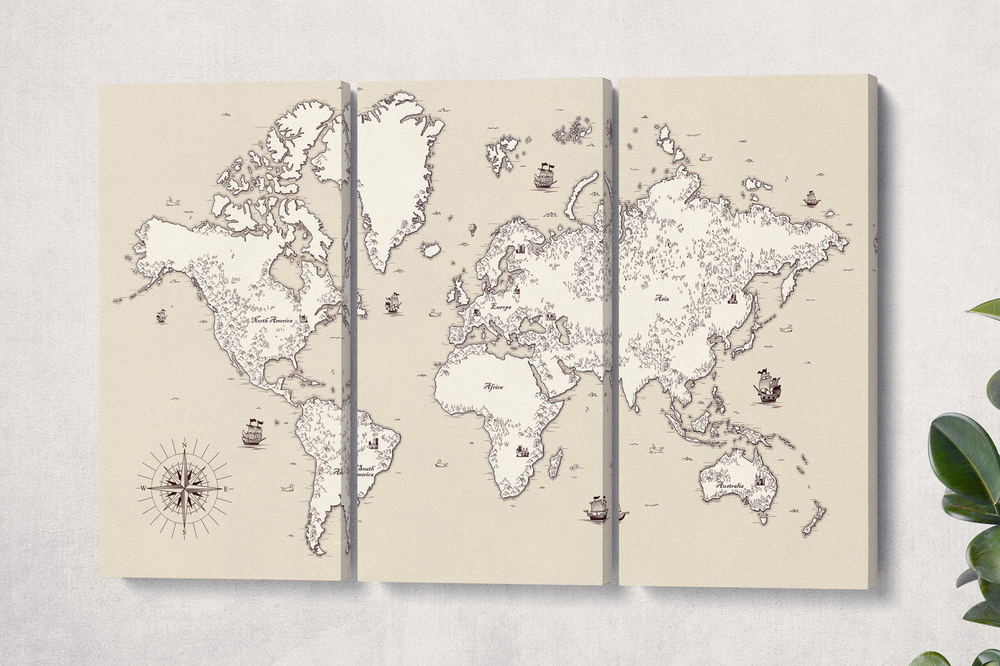 Old World Map Vintage PETA Approved Eco Leather Canvas Multi Panel Wall Art