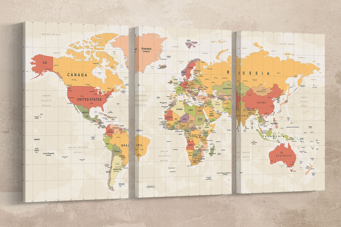 Detailed nations and borders world map wall art