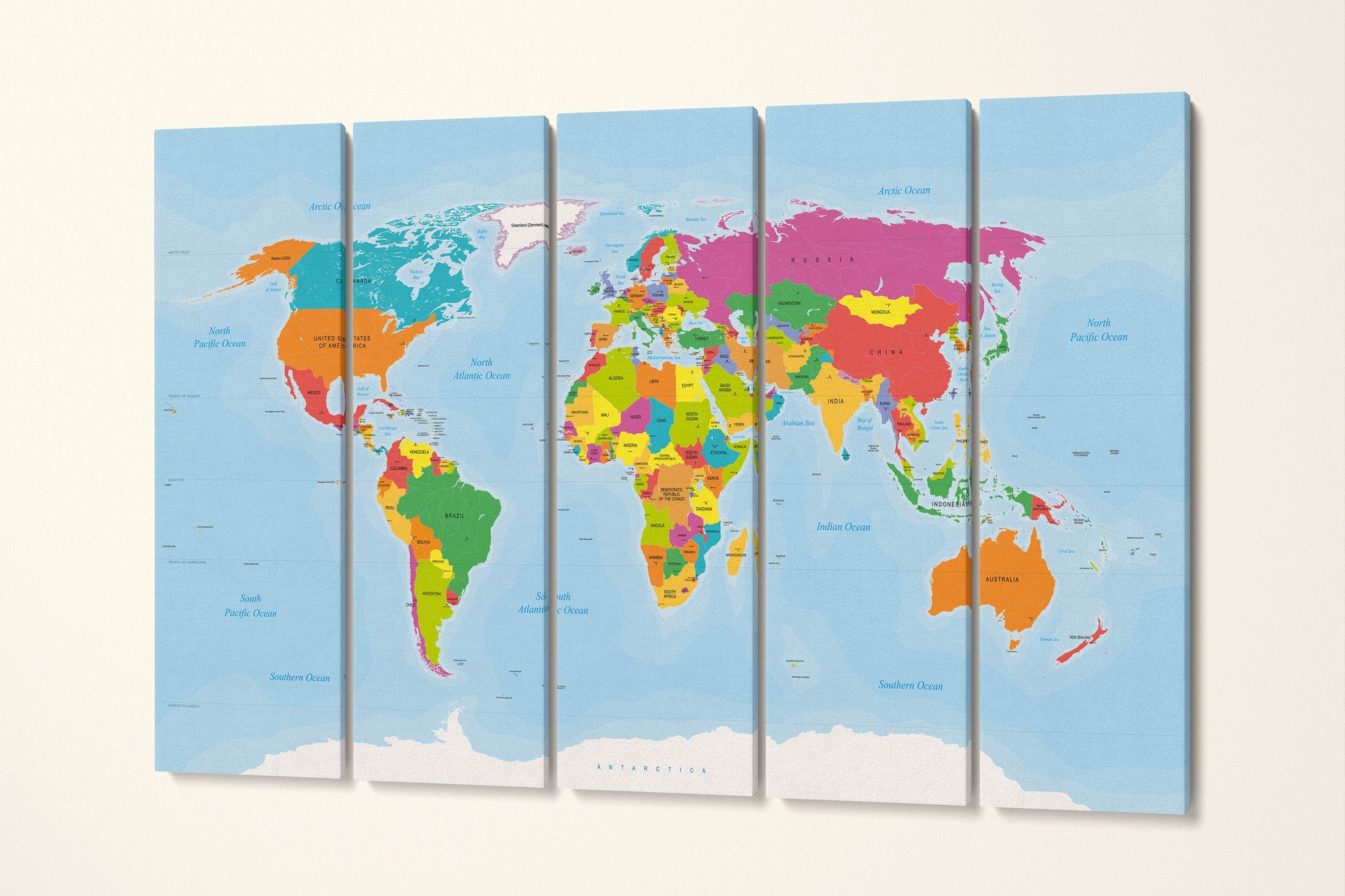 Push Pin Large Detailed World Map Leather Print 5 Panels