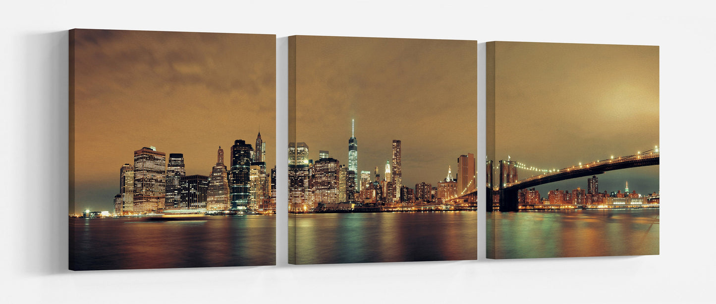 Manhattan with Brooklyn Bridge at night canvas wall art leather print