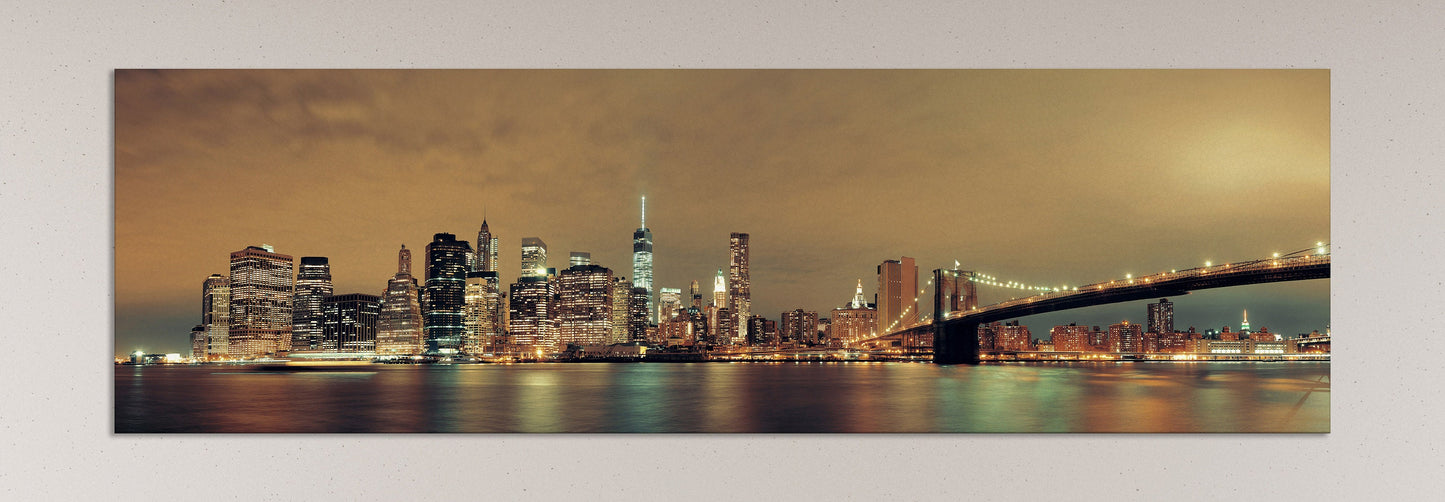 Manhattan with Brooklyn Bridge at night canvas wall art leather print